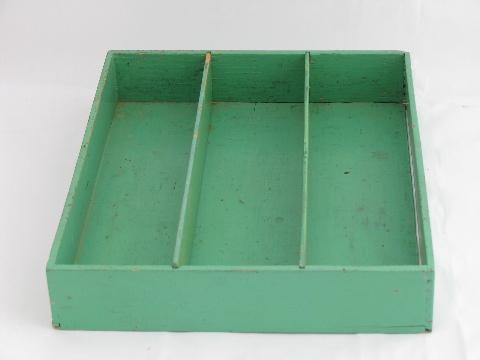 photo of 1930s vintage jade green flatware / kitchen utensil tray, old wood knife box #3