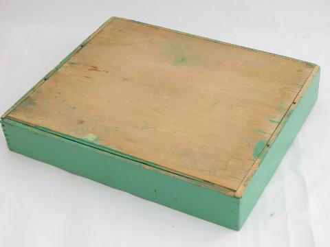 photo of 1930s vintage jade green flatware / kitchen utensil tray, old wood knife box #4