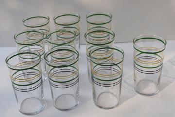 catalog photo of 1930s vintage jade green yellow black ring band drinking glasses, depression glass tumblers