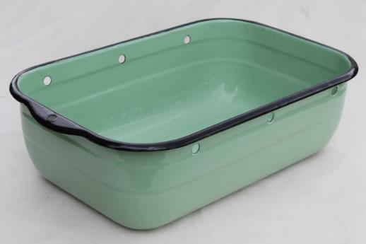 photo of 1930s vintage jadite green enamelware refrigerator box, large enamel pan #1