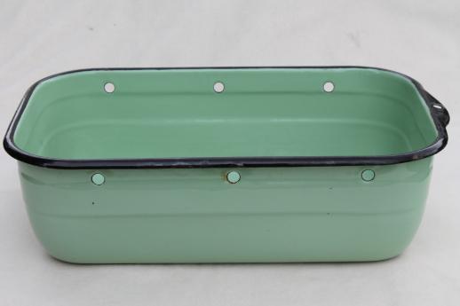 photo of 1930s vintage jadite green enamelware refrigerator box, large enamel pan #2