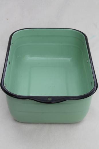 photo of 1930s vintage jadite green enamelware refrigerator box, large enamel pan #3