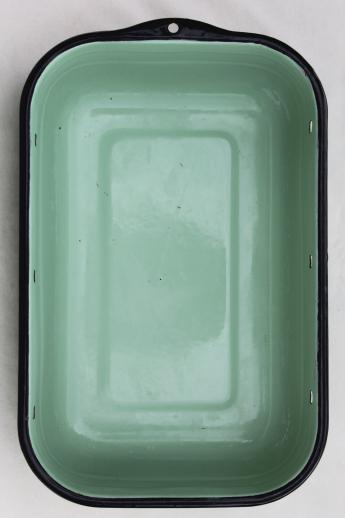 photo of 1930s vintage jadite green enamelware refrigerator box, large enamel pan #4