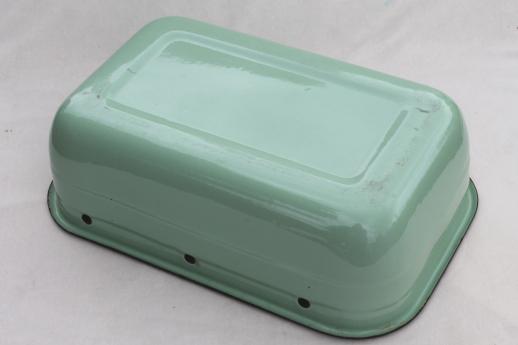 photo of 1930s vintage jadite green enamelware refrigerator box, large enamel pan #5