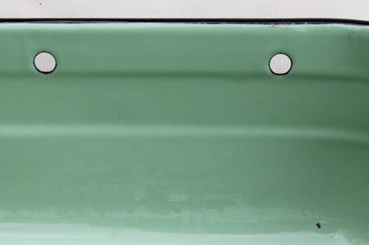 photo of 1930s vintage jadite green enamelware refrigerator box, large enamel pan #6