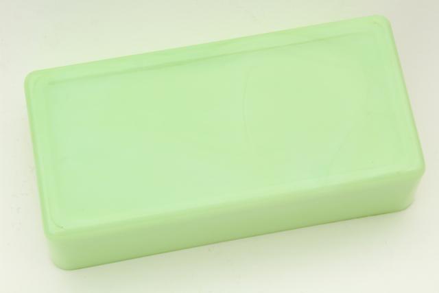 photo of 1930s vintage jadite green glass refrigerator box or loaf pan, Jeannette or McKee jadeite #5