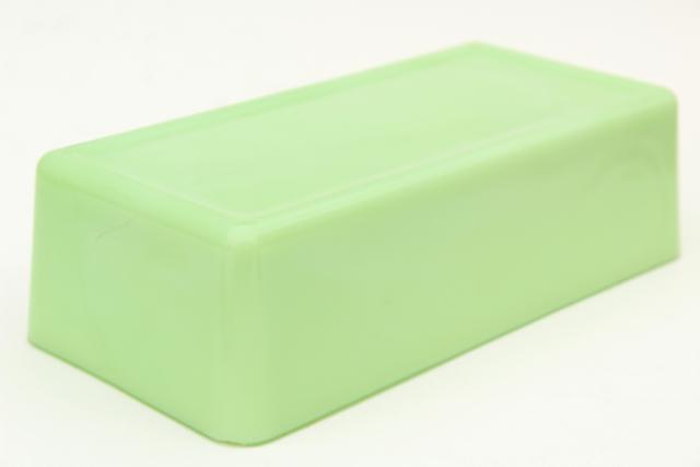 photo of 1930s vintage jadite green glass refrigerator box or loaf pan, Jeannette or McKee jadeite #6