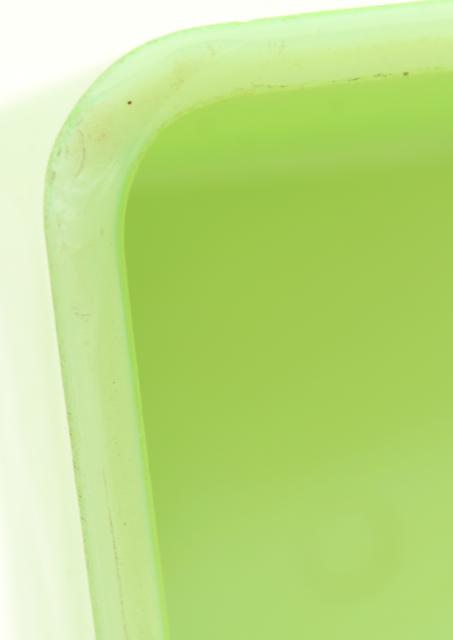 photo of 1930s vintage jadite green glass refrigerator box or loaf pan, Jeannette or McKee jadeite #7