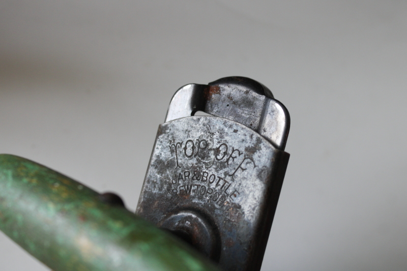 photo of 1930s vintage jar opener w/ green painted wood handle, Edlund Pop Off jar & bottle opener #2