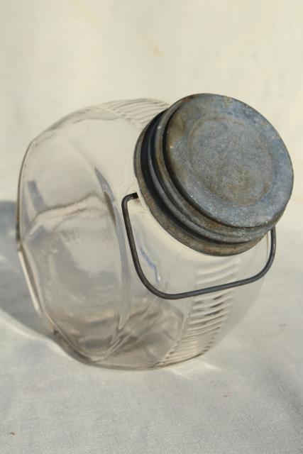 photo of 1930s vintage kitchen canister, old glass candy jar w/ wire bail handle, zinc lid #4