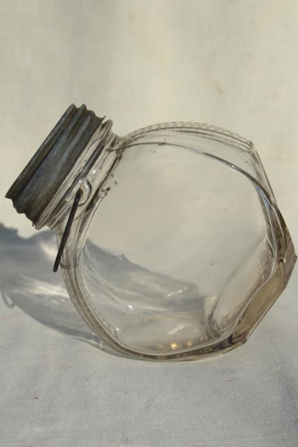 photo of 1930s vintage kitchen canister, old glass candy jar w/ wire bail handle, zinc lid #5