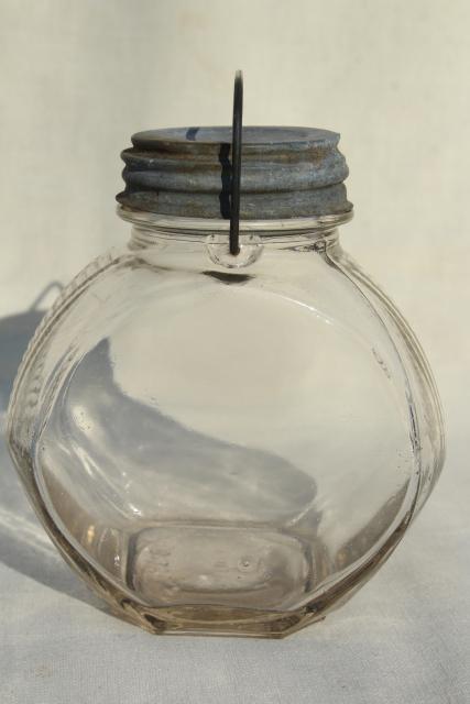 photo of 1930s vintage kitchen canister, old glass candy jar w/ wire bail handle, zinc lid #7