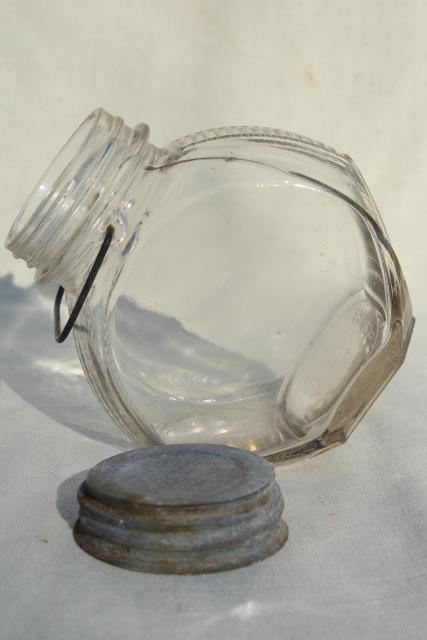 photo of 1930s vintage kitchen canister, old glass candy jar w/ wire bail handle, zinc lid #10