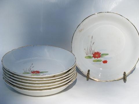 photo of 1930's vintage kitchen china, soup plates w/ deco water lilies #1