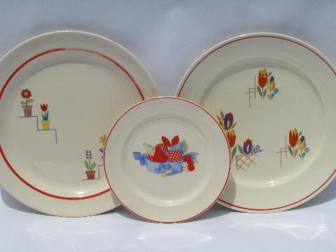 photo of 1930s vintage kitchen dishes, lot red border patterned pottery plates #1