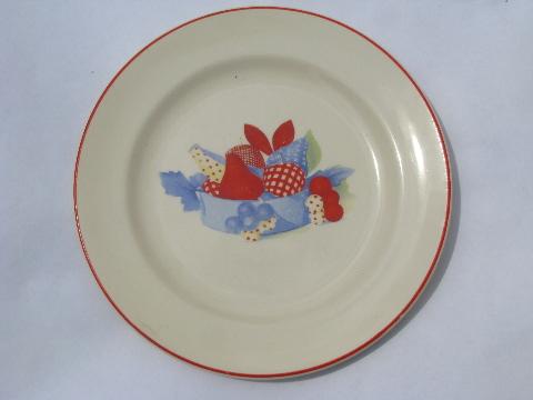 photo of 1930s vintage kitchen dishes, lot red border patterned pottery plates #2