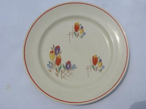 photo of 1930s vintage kitchen dishes, lot red border patterned pottery plates #4