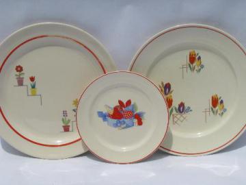 catalog photo of 1930s vintage kitchen dishes, lot red border patterned pottery plates