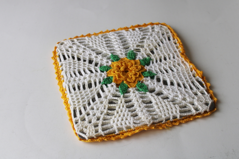 photo of 1930s vintage kitchen trivet w/ crochet lace doily cover, retro pot holder #1