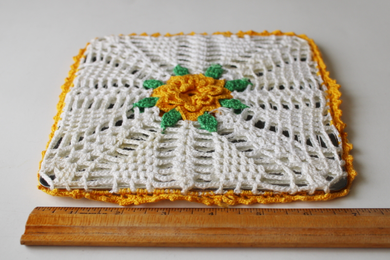 photo of 1930s vintage kitchen trivet w/ crochet lace doily cover, retro pot holder #2