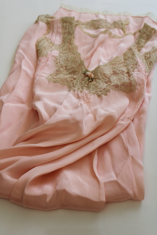photo of 1930s vintage lace trimmed blush rose rayon negligee gown, long slim slip wiggle shape slit hem #1