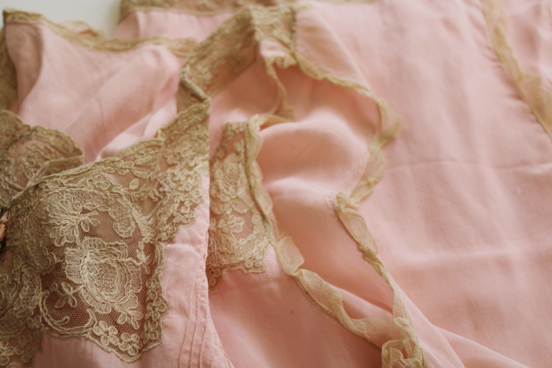 photo of 1930s vintage lace trimmed blush rose rayon negligee gown, long slim slip wiggle shape slit hem #4