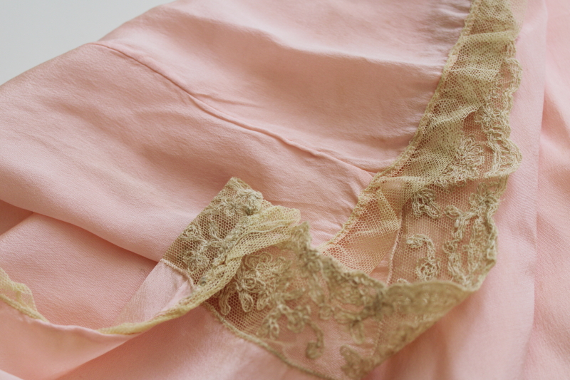 photo of 1930s vintage lace trimmed blush rose rayon negligee gown, long slim slip wiggle shape slit hem #6