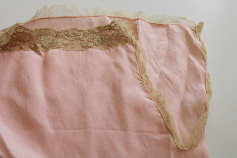 photo of 1930s vintage lace trimmed blush rose rayon negligee gown, long slim slip wiggle shape slit hem #7