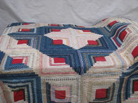photo of 1930's vintage log cabin pattern patchwork quilt, old cotton prints #1