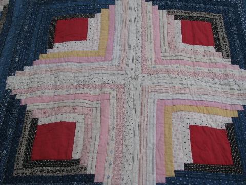 photo of 1930's vintage log cabin pattern patchwork quilt, old cotton prints #3