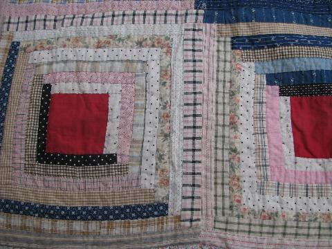 photo of 1930's vintage log cabin pattern patchwork quilt, old cotton prints #5