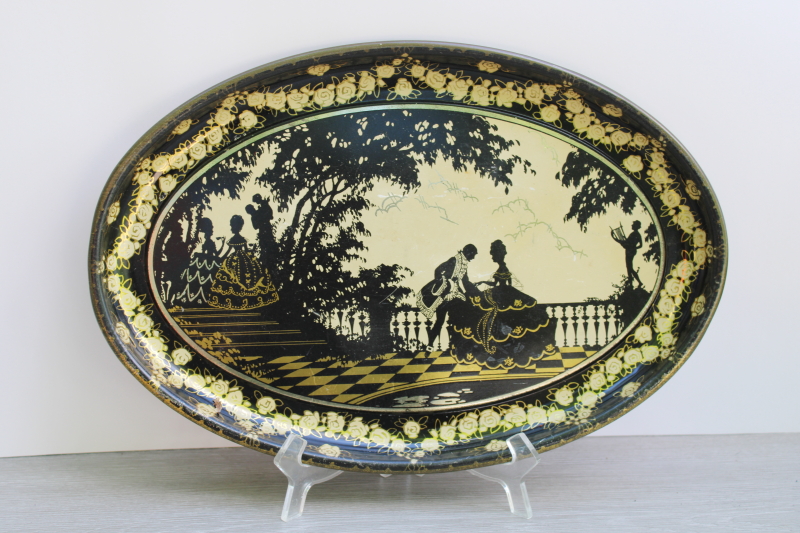 photo of 1930s vintage metal tray silhouettes print in black and gold, old French court ladies & gentlemen in garden  #1