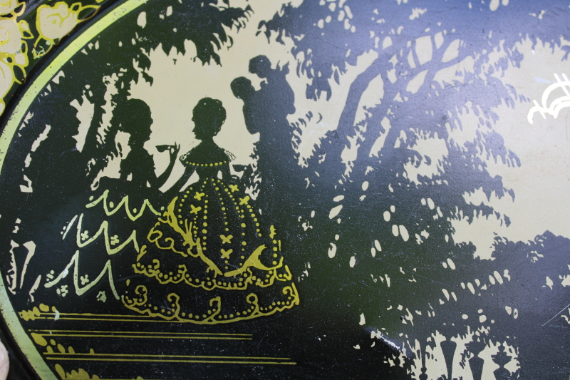 photo of 1930s vintage metal tray silhouettes print in black and gold, old French court ladies & gentlemen in garden  #2