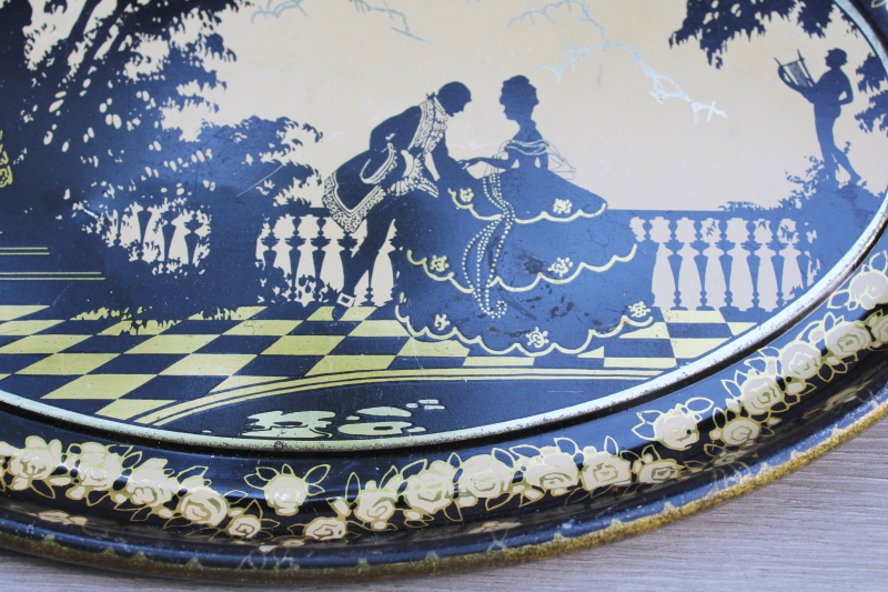 photo of 1930s vintage metal tray silhouettes print in black and gold, old French court ladies & gentlemen in garden  #3