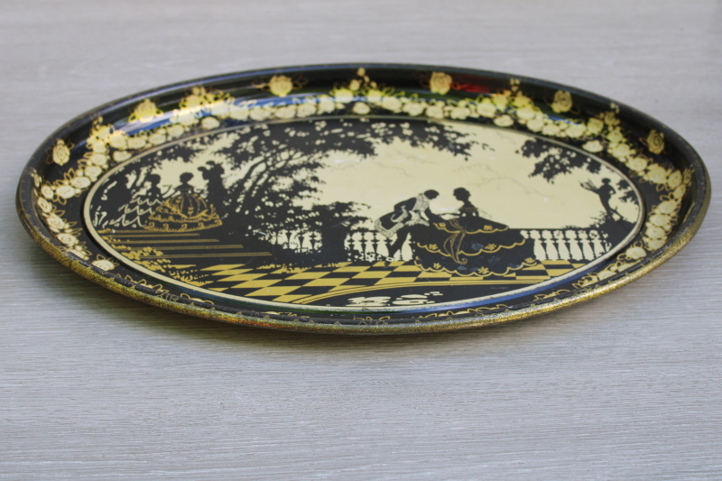 photo of 1930s vintage metal tray silhouettes print in black and gold, old French court ladies & gentlemen in garden  #4