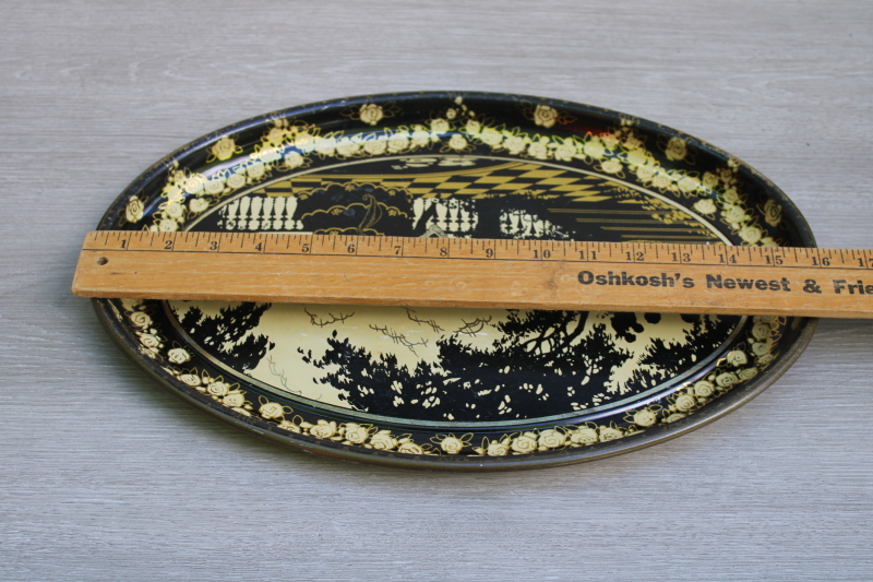 photo of 1930s vintage metal tray silhouettes print in black and gold, old French court ladies & gentlemen in garden  #6