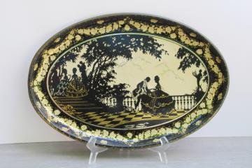 catalog photo of 1930s vintage metal tray silhouettes print in black and gold, old French court ladies & gentlemen in garden 