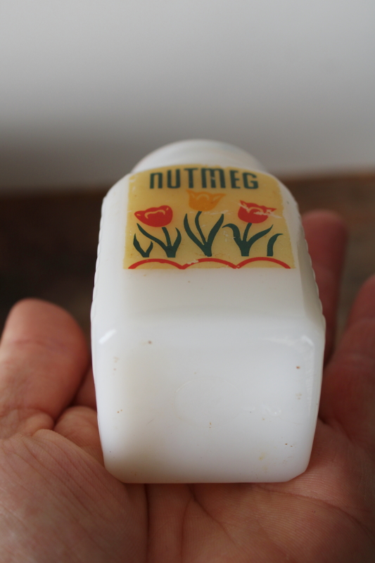 photo of 1930s vintage milk glass spice set jar for Nutmeg, depression era kitchen glass  #4