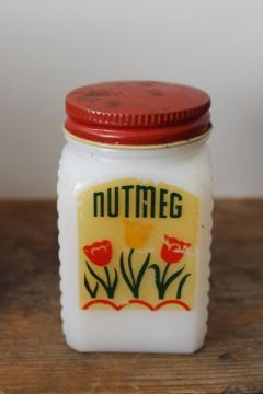 catalog photo of 1930s vintage milk glass spice set jar for Nutmeg, depression era kitchen glass 