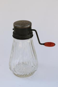 catalog photo of 1930s vintage nut crusher hand crank grinder w/ red wood handle, glass jar