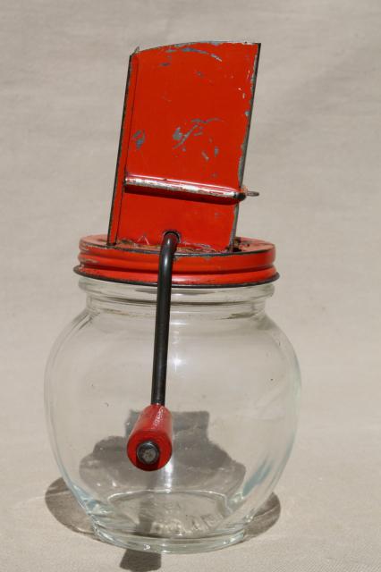 photo of 1930s vintage nut grinder, old red paint metal hand crank nut crusher w/ glass jar #2