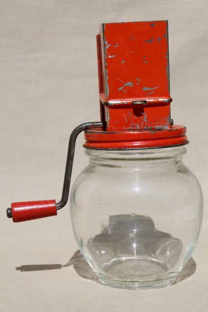 photo of 1930s vintage nut grinder, old red paint metal hand crank nut crusher w/ glass jar #3