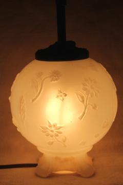 catalog photo of 1930s vintage opalescent glass table lamp, round globe boudoir lamp base lights up