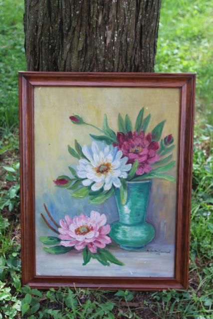 photo of 1930s vintage original oil on canvas board, artist signed still life peonies floral #1