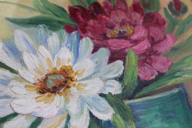 photo of 1930s vintage original oil on canvas board, artist signed still life peonies floral #3