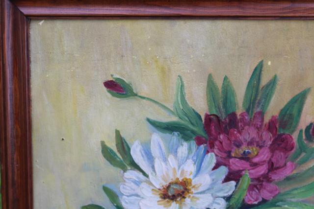 photo of 1930s vintage original oil on canvas board, artist signed still life peonies floral #5