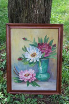 catalog photo of 1930s vintage original oil on canvas board, artist signed still life peonies floral