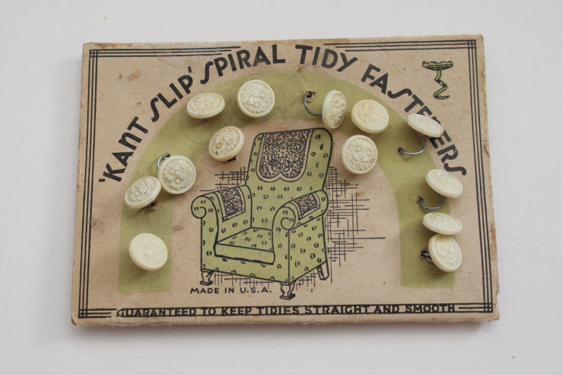 photo of 1930s vintage package spiral pin fasteners for chair sets, lace doily tidies for chair backs  #1