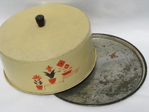 photo of 1930s vintage painted metal cake cover, red tulips & flowers on cream #2