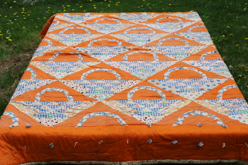 photo of 1930s vintage patchwork quilt, flower basket pieced prints cotton fabric feed sacks on orange #1